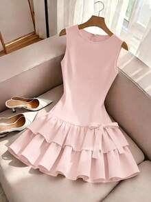 French Elegant Sleeveless Dress, Red Bow Decor Sleeveless Mini Dress, Suitable For Daily Outing, Date, Holiday - Pink - View 3
