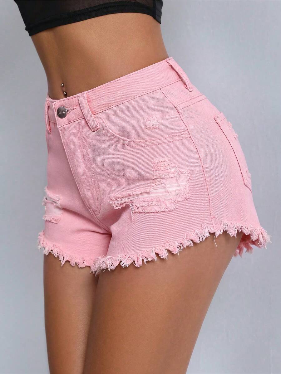 SHEIN PETITE 女士纯色简约休闲牛仔短裤 - 粉色 - 查看 1