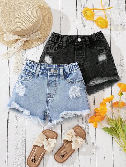 SHEIN Young Girl Summer Casual Distressed Denim Shorts