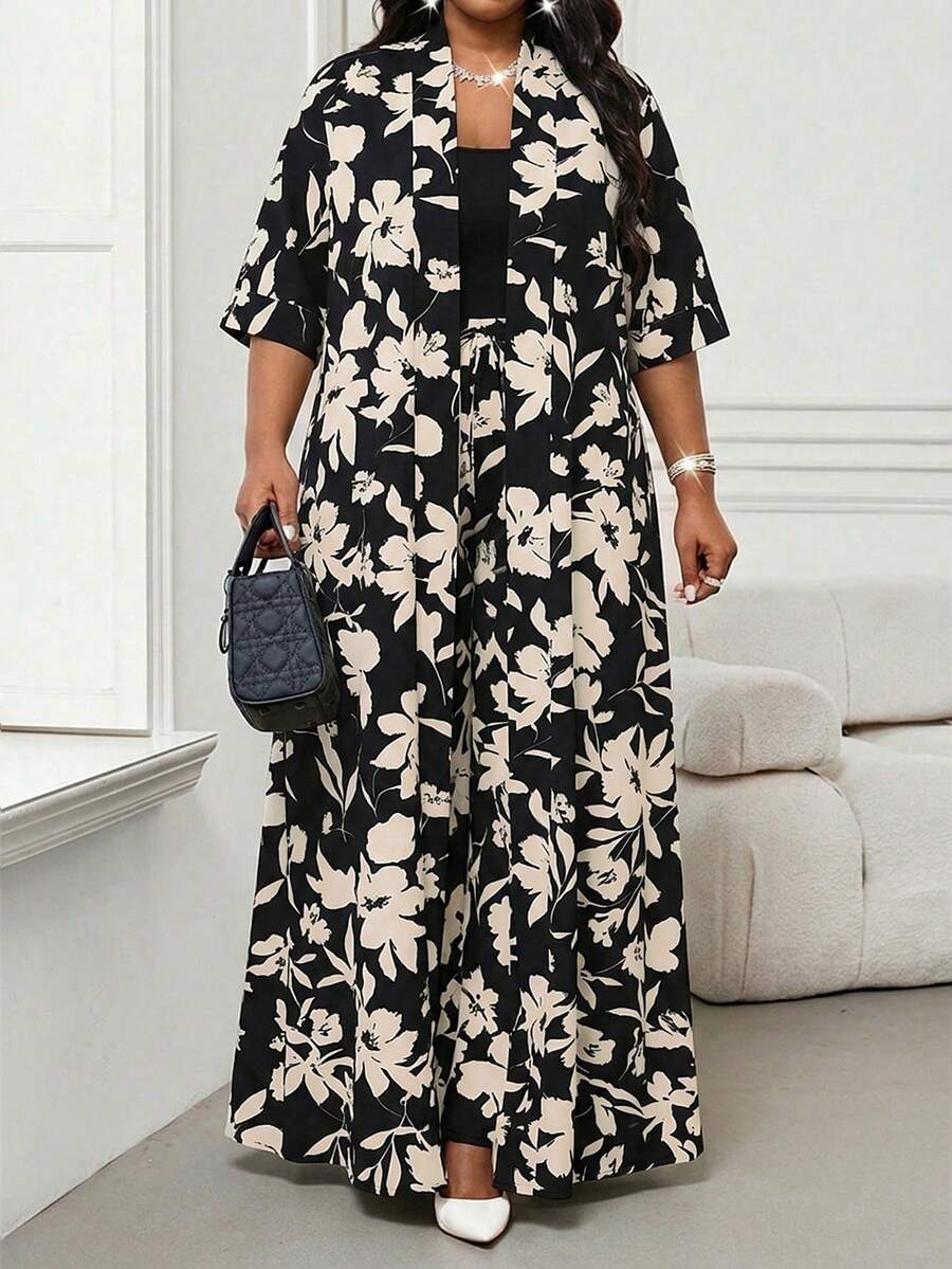 SHEIN Lady Setelan Kimono dan Celana Panjang Lengan Pendek Motif Bunga Ukuran Besar untuk Wanita (2 Potong) - Hitam dan Putih - View 1