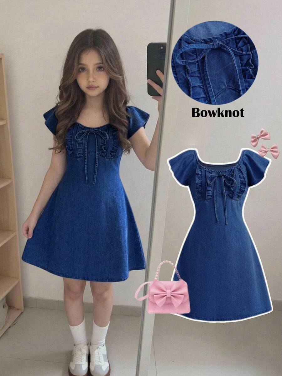 SHEIN 少女蝴蝶装饰拼布牛仔连衣裙 - 深色水洗藍 - 查看 1