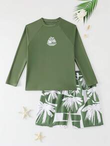 SHEIN 2pcs/Set Teen Boys' Swimwear,Olive Green Raglan Sleeve Top With Palm Tree Sunset Print And Matching Shorts,Fashionable Casual Summer Beach Holiday - Green - View 3