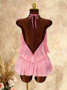 Mistrie Ruched Neck Flowy Pleated Mini Skirt Dress, Sweet Girl Style Vacation Dress - Pink - View 2