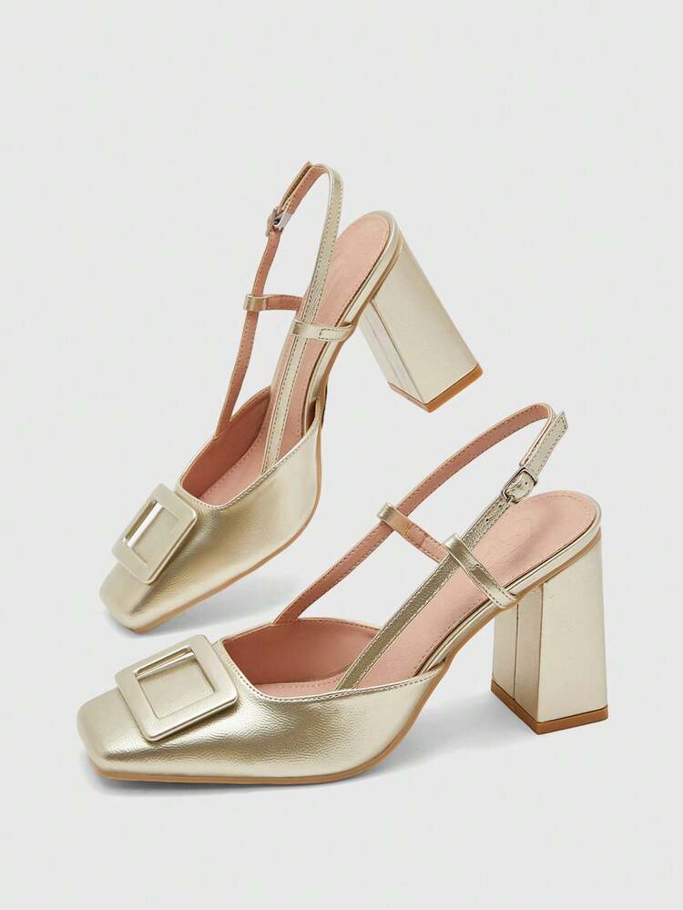 CUCCOO BIZCHIC Outdoor Women's Square Toe Thick Heel Cloth Button Decoration Pu Light Fabric Fashionable Simple Breathable Comfortable Daily Party Banquet Buckle Style Exposed Heel Shoes