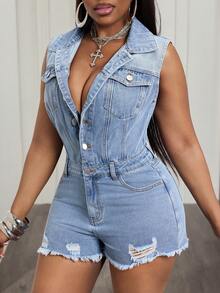 BamGleam Cowgirl Style Light Blue Sleeveless Denim Jumpsuit, Summer Outfit For Coachella Music Festival, Party Night Out, Workwear - Light Wash - View 3