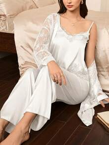 Moireta Bộ đồ ngủ nữ thanh lịch, trưởng thành, quyến rũ gồm áo choàng ren và quần hai dây. - trắng - Xem 4