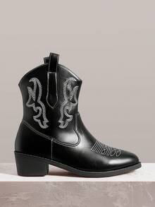 Styleloop Giày bốt nữ màu trắng kiểu miền Tây, bốt da mũi nhọn gót dày cổ chữ V, bốt cao đến đầu gối thêu họa tiết gót thấp và bốt cổ ngắn. - Màu đen - Xem 1