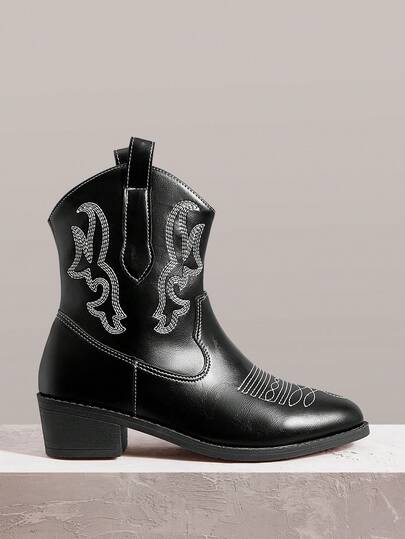 Styleloop Women's White Western Boots, Pointed Toe Chunky Heel V-Cut Leather Boots, Low Heel Embroidered Knee-High Boots And Ankle Boots