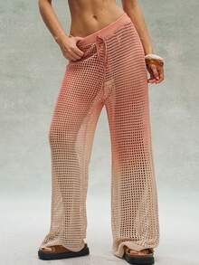 Bohemela Women's Beige Summer Boho Vacation Holiday, Vintage Ombre Tie-Dye Distressed Hollow Out Knit Pants, Loose Low Waist Casual Trousers, Y2k - Khaki - View 2