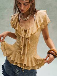 Bohemela 女士纯色荷叶边系带休闲T恤 - 鵝黃色 - 查看 1