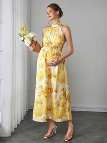 Maternity Floral Print Halter Waist Tie Maxi Dress - Yellow - View 3