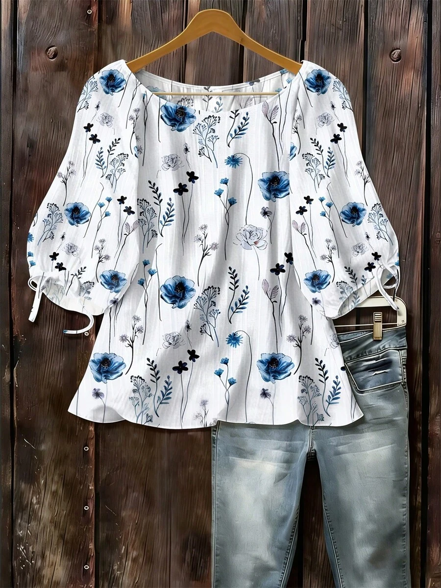 EMERY ROSE Camisa tejida de cuello redondo y manga 3/4 con estampado botánico y floral - Multicolor - Ver 1
