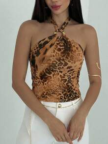 Aloruh Áo tank top nữ gợi cảm hở lưng, cổ yếm, phong cách Bohemian, chất liệu vải lưới in họa tiết động vật phối kim loại, thích hợp cho các lễ hội âm nhạc, kỳ nghỉ biển, dạo phố hàng ngày, mang đến vẻ quyến rũ. - màu nâu - Xem 8