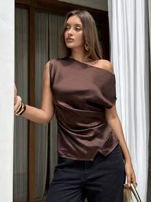 Aloruh Boat Neck Cap Sleeve Cropped Office Wear Women's Apricot Blouse - Brown - View 5