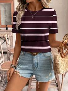 SHEIN Frenchy Áo thun nữ tay ngắn cổ tròn dáng rộng, tối giản, phong cách sinh viên, kẻ sọc bất đối xứng, đa năng, phù hợp cho mùa xuân/hè và mùa thể thao. - Nhiều màu - Xem 8