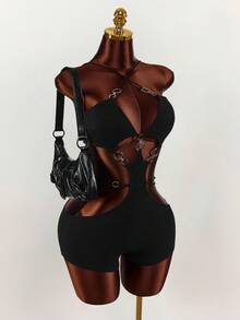 Amplova 女士性感露背吊带连体紧身衣 - 黑色 - 查看 4