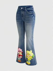 Strawberry Shortcake | ROMWE Women's Casual Fashionable Street Style Cute Cartoon Character Print Flare Jeans, Suitable For Daily Commute - Blue - View 5