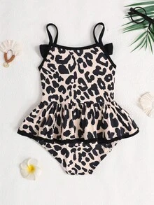 SHEIN Young Girl Leopard Print Bowknot Decor One-Piece Swimsuit, Summer Vacation Beach - Multicolor - View 2