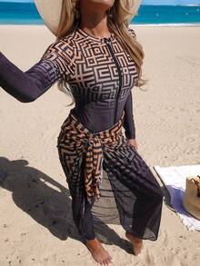 Swim Mulvari 女士简约几何渐变印花比基尼套装，包括长袖拉链连体泳衣、长款罩衫和黑色长裤，适合夏季海滩穿着 - 彩色 - 查看 5