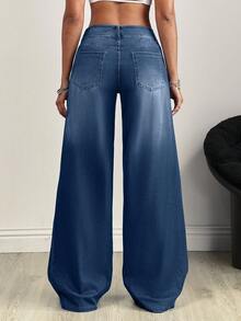 SHEIN Tall Tall Women's Front & Middle Patchwork Washed Loose Wide-Leg Jeans - Dark Wash - View 2
