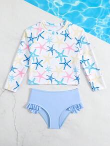 SHEIN 女童吊带泳衣，可爱浅蓝色针织面料，海星印花长袖吊带泳衣，时尚休闲优雅，适合游泳、夏季度假、海滩、泳池、节日派对 - 藍色 - 查看 4