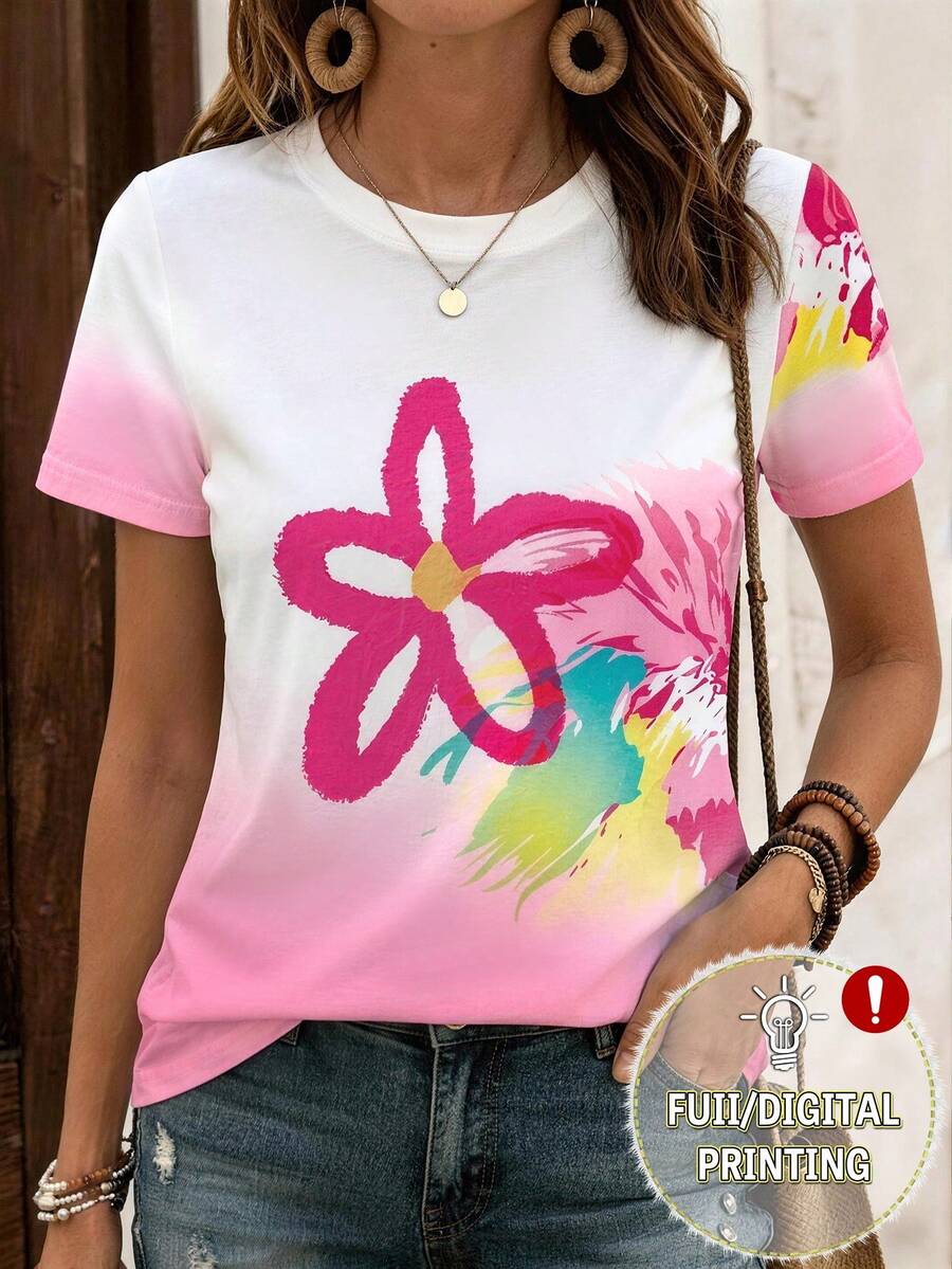 EMERY ROSE Women's Casual Ombre Floral Print Round Neck T-Shirt, Summer - Multicolor - View 1
