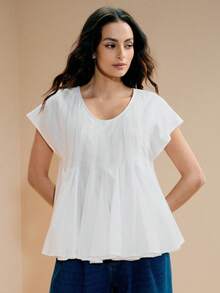 Women's Woven Cotton Blend Round Neck Raglan Sleeve Casual Top - White - View 7