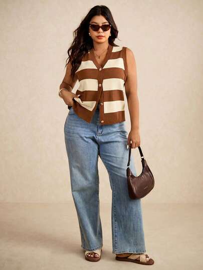 Elaquor Plus Size Sleeveless Knitted Sweater Vest, Fashionable For Summer,Business Casual Woman In Fall/Winter
