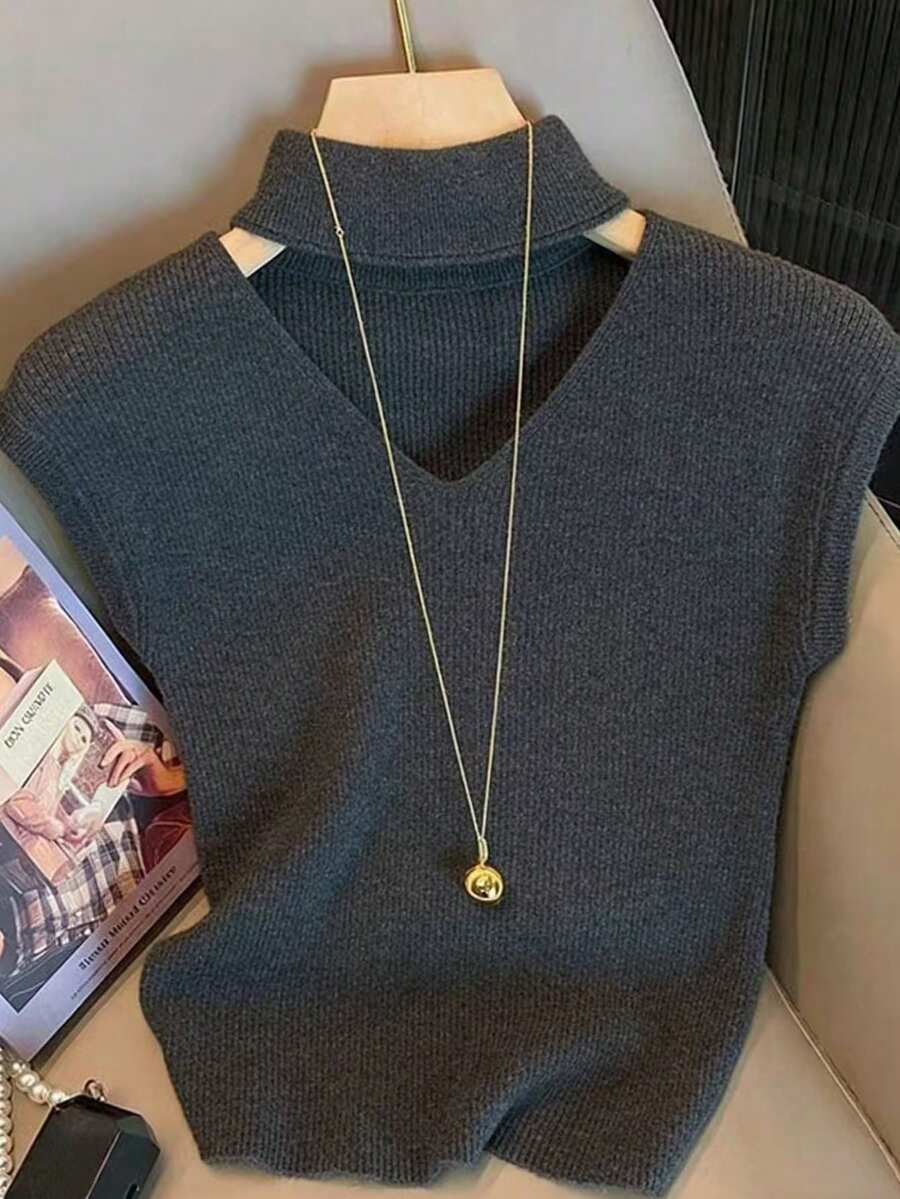 Resyla Suéter casual de mujer de unicolor con cuello en V - Gris Oscuro - Ver 1
