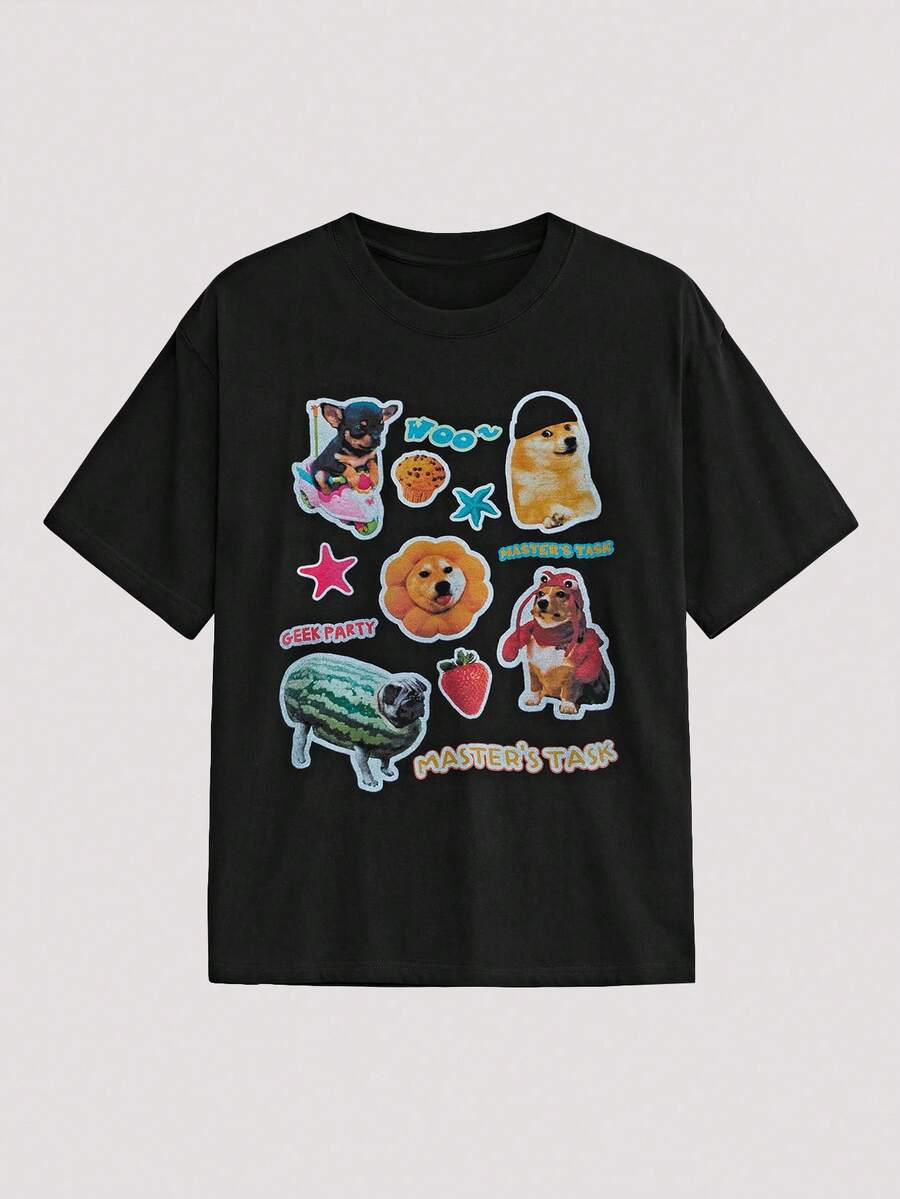 Open Phase Camiseta negra con gráfico estético y perro divertido - Negro - Ver 1