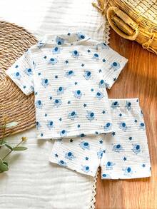 SHEIN Vintaside Kids 男婴夏季休闲度假及日常穿着大象星星印花短袖衬衫短裤套装 - 藍色 - 查看 2