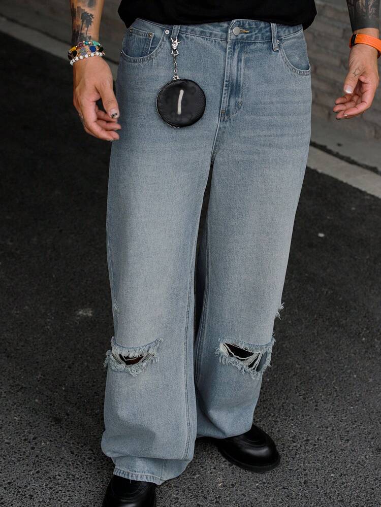 Men's Distressed Long Blue Denim Jeans, Suitable For Spring And Autumn