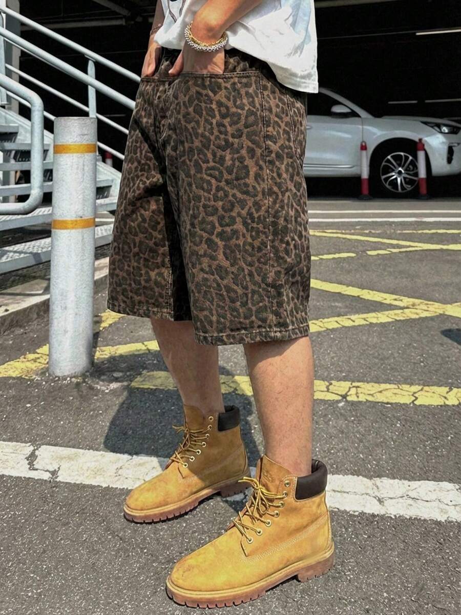 DAZY Celana Jeans Denim Kasual Longgar dengan Saku Motif Leopard, Musim Semi/Panas - Coklat - View 1