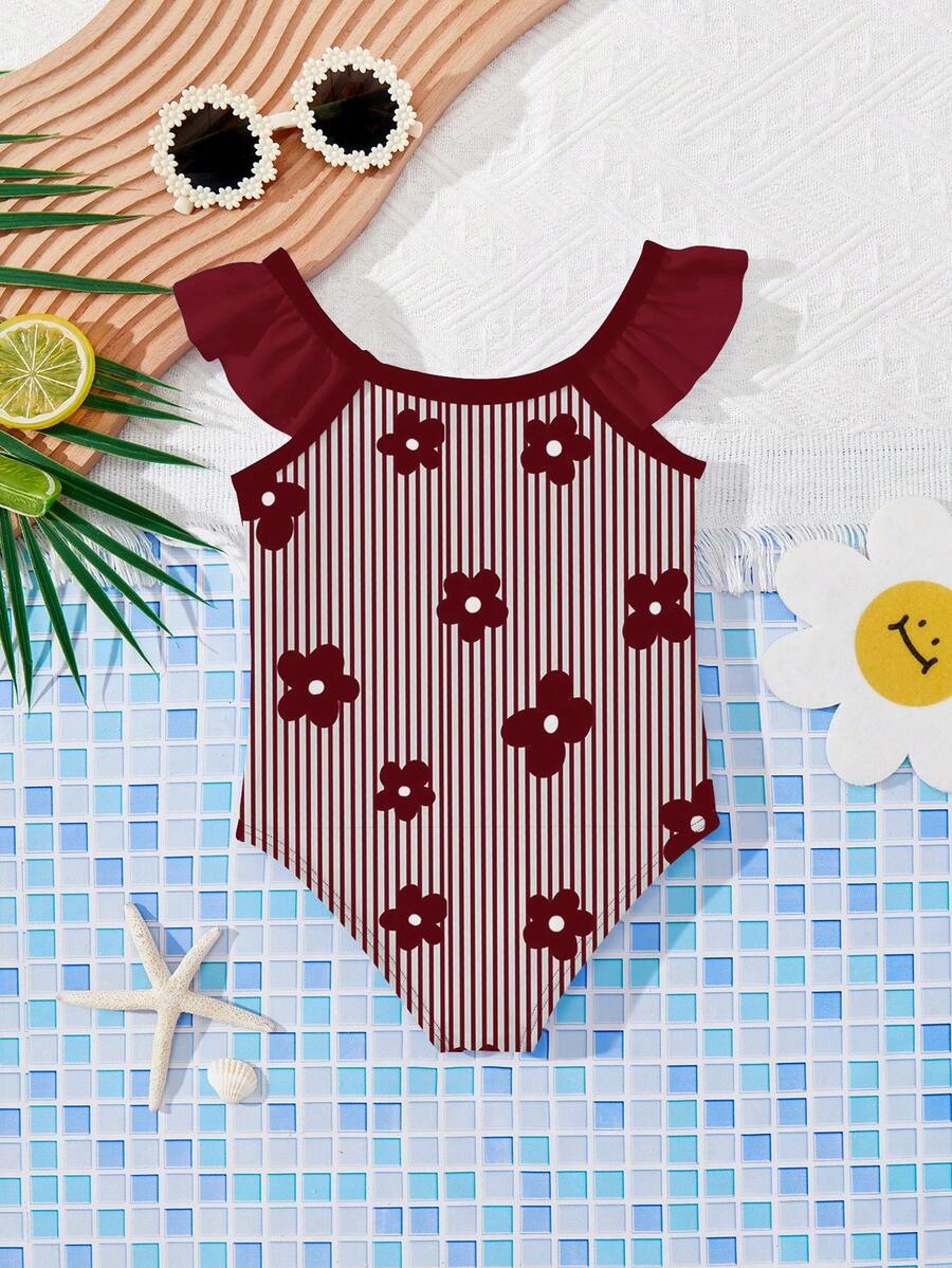 SHEIN Baby Girls' Casual Minimalist Fitted One-Piece Swimsuit, Suitable For Summer - Multicolor - View 1