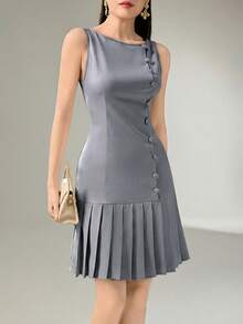 Heiryn Women's Solid Color Round Neck Button Design Pleated Hem Sleeveless Mini Dress,Summer Dresses For Women - Blue - View 7