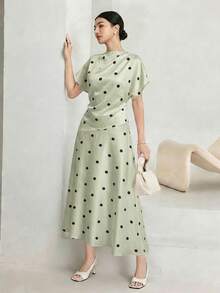 Heiryn Women's Colorblock Polka Dot Print Long Sleeve Dress - Green - View 5