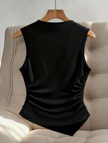 SHEIN CURVE+ 大码女式休闲百搭侧边褶皱金属扣装饰吊带衫 - 黑色 - 查看 2
