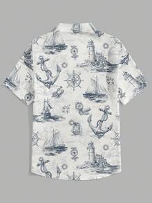 VIVINTIMO Plus Size Men's Anchor & Nautical Print Casual Shirt, Suitable For Daily Wear, Vacation And Travel, Holiday - Multicolor - View 3