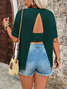 Breezaya Plus Size Women's Solid Color Minimalist Round Neck Short Sleeve T-Shirt, Fashionable For Daily Wear, Dates, Commuting In Spring/Summer - Dark Green - View 1