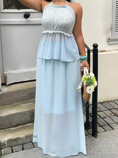 Sunnyshic Bộ đồ 2 mảnh cỡ lớn: Áo yếm cổ yếm viền ren xếp nếp tương phản và chân váy ngắn, trang phục thường ngày cho kỳ nghỉ, mùa xuân/hè.