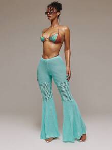 MUSERA Quần ống loe cạp trung đan móc, thích hợp cho mùa xuân hè, lễ hội Ibiza, kỳ nghỉ, du lịch, dễ thương, gợi cảm, phong cách Y2K, đi chơi đêm, câu lạc bộ, nhiệt đới, quyến rũ. - Màu xanh lam - Xem 1