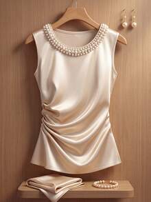 Franclia Áo sơ mi nữ thời trang, thanh lịch, thường ngày, không tay, cổ tròn, chất liệu satin đính ngọc trai. - Màu be - Xem 1