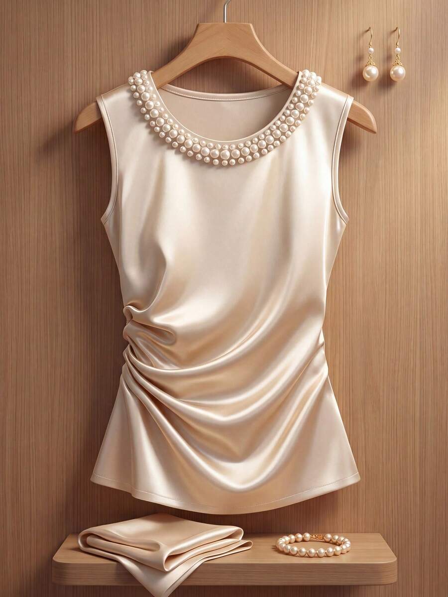 Franclia Áo sơ mi nữ thời trang, thanh lịch, thường ngày, không tay, cổ tròn, chất liệu satin đính ngọc trai. - Màu be - Xem 1
