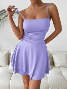 Allurite 浅紫色性感吊带褶皱连衣裙，街头风，奢华优雅连衣裙，嘉年华节日装扮，演唱会装扮，夜店装扮，约会晚装，沙滩裙，女士生日装扮，派对必备，婚礼派对礼服，女士复活节连衣裙 - 淡紫色 - 查看 5