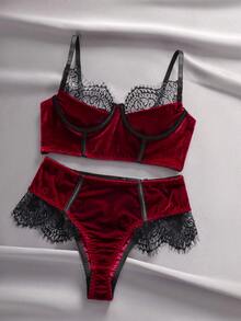 EmpressEnvy Sexy Contrast Color Lace Patchwork Underwire Bra And Panty Set - Burgundy - View 1