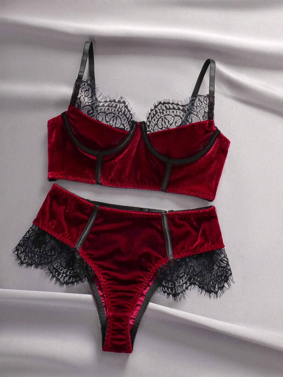 EmpressEnvy Sexy Contrast Color Lace Patchwork Underwire Bra And Panty Set - Burgundy - View 1
