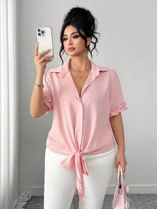 Elenzga Plus Size Women Pink Blouse, Ruffled Collar, Cuffs, Hem With Tie Waist, Fashionable Casual Romantic Commute Everyday Versatile, Spring/Summer - Dusty Pink - View 9