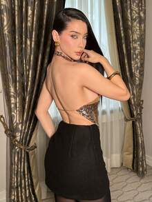 hhfernanda 女士黑色迷你裙，羊毛混纺，秋冬款 - 黑色 - 查看 6