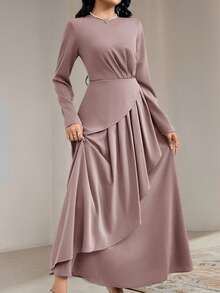 Veilorie Women's Solid Color Round Neck Long Sleeve Ruffle Hem Maxi Elegant Dress Long Evening Dresses - Dusty Pink - View 6