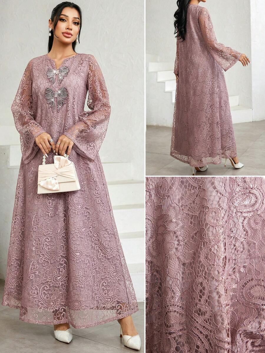 Al Najma Damen Kleid mit Strass-Schleife, Glockenärmeln, Spitze und elegantem arabischem Stil
